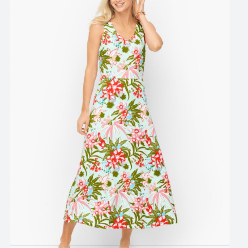 Talbots LIKE NEW jersey knit tropical bird novelty print sleeveless a-line dress